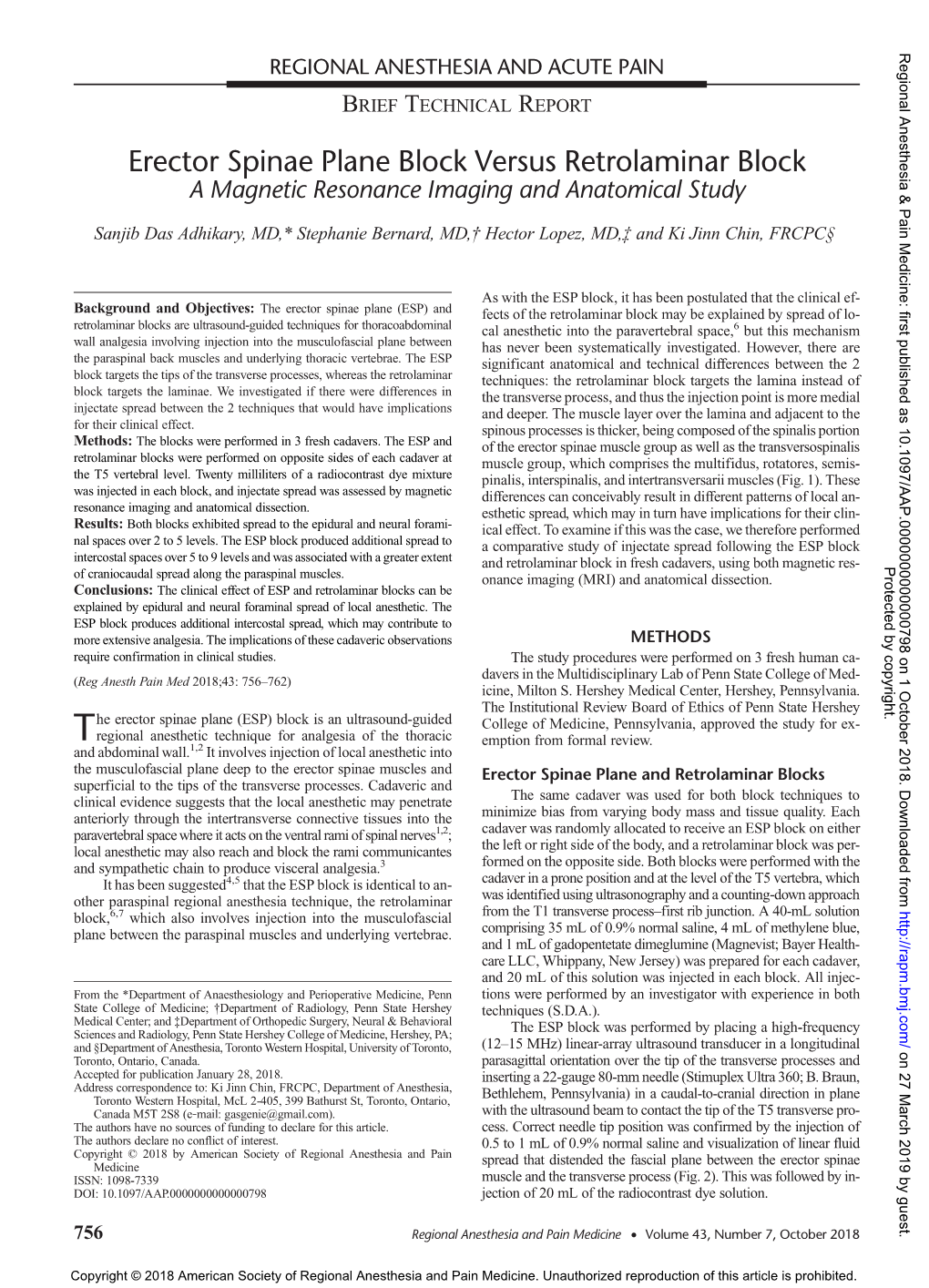 Erector Spinae Plane Block Versus Retrolaminar Block a Magnetic Resonance Imaging and Anatomical Study