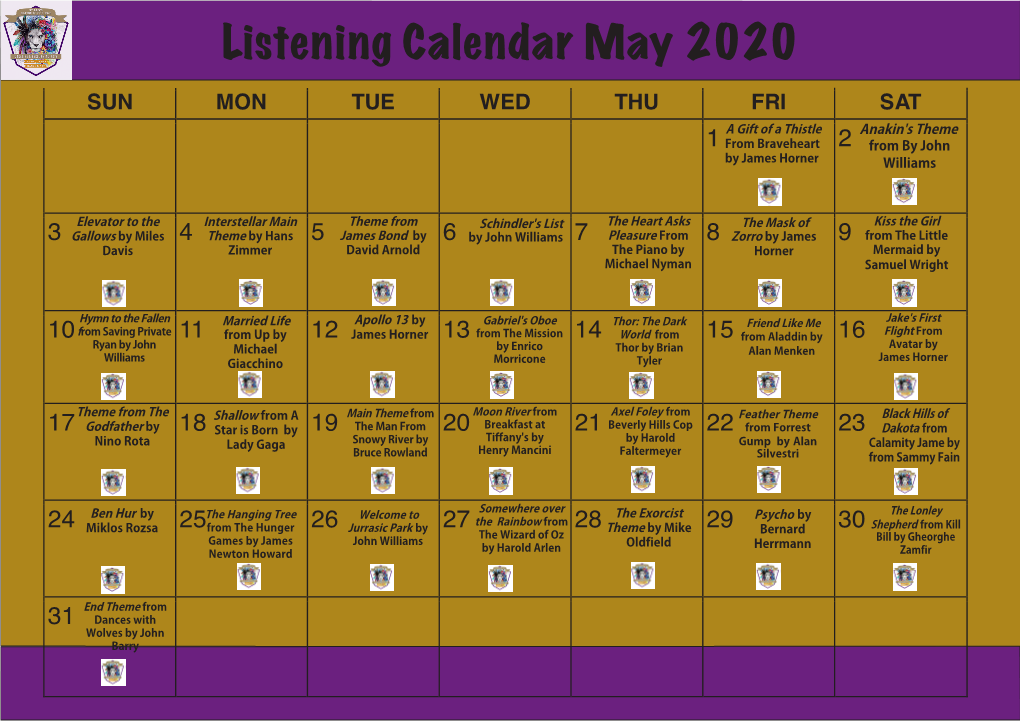 Film Theme Music Calendar for May 2020