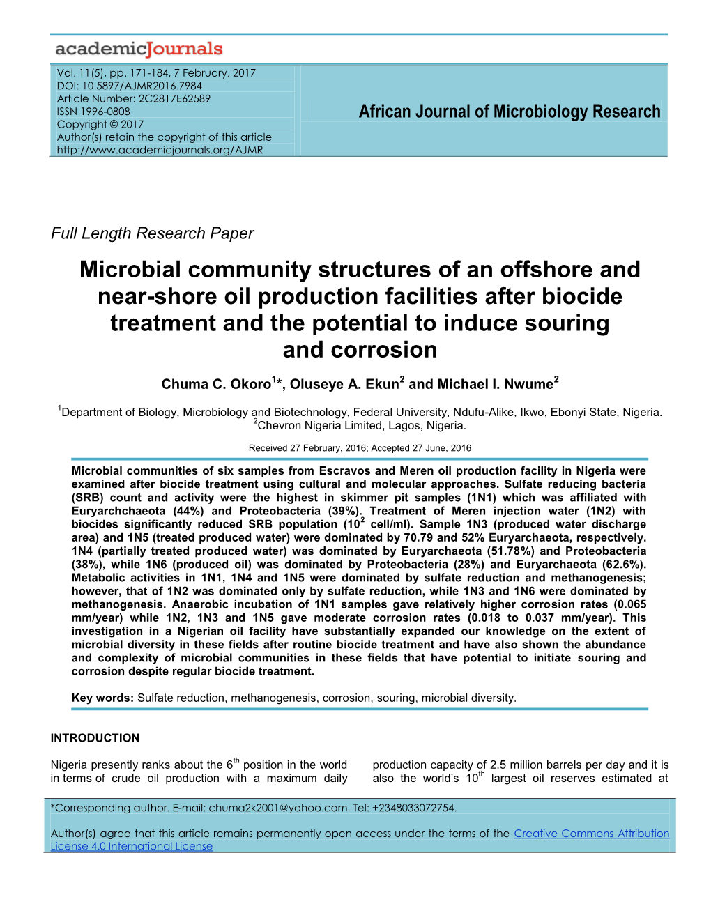 Microbial Community Structures of an Offshore and Near-Shore Oil Production Facilities After Biocide Treatment and the Potential to Induce Souring and Corrosion