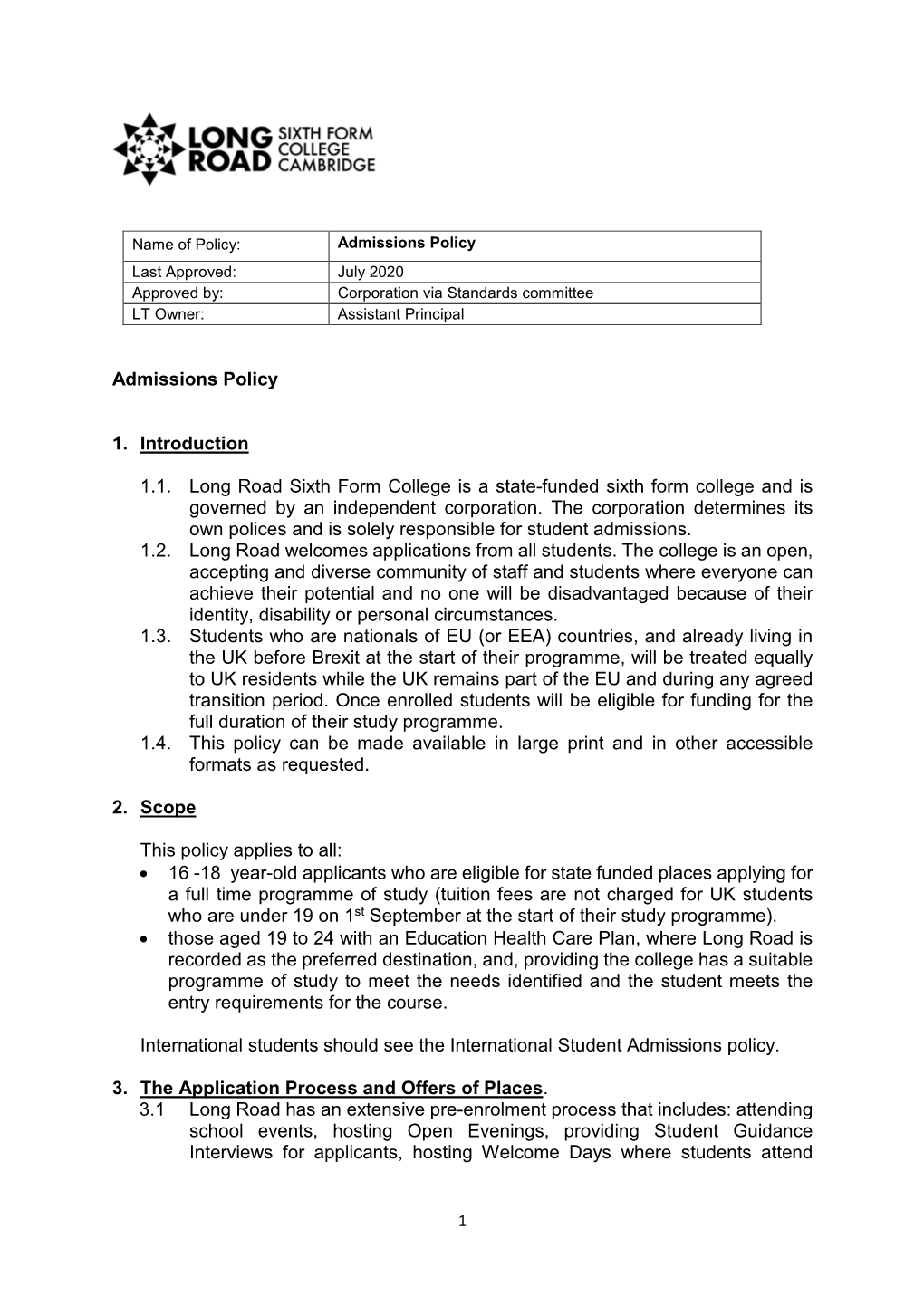 Admissions Policy July 2020