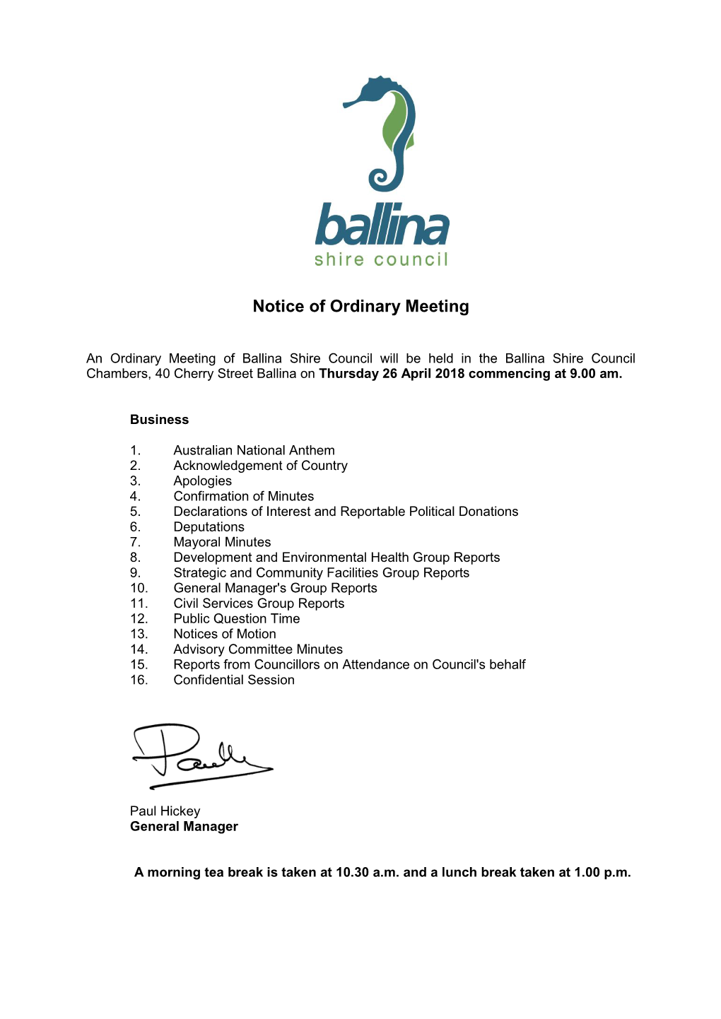Agenda of Ordinary Meeting of Ballina Shire Council