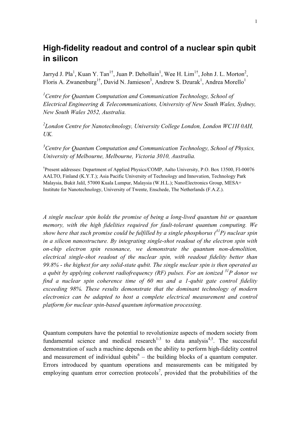 High-Fidelity Readout and Control of a Nuclear Spin Qubit in Silicon