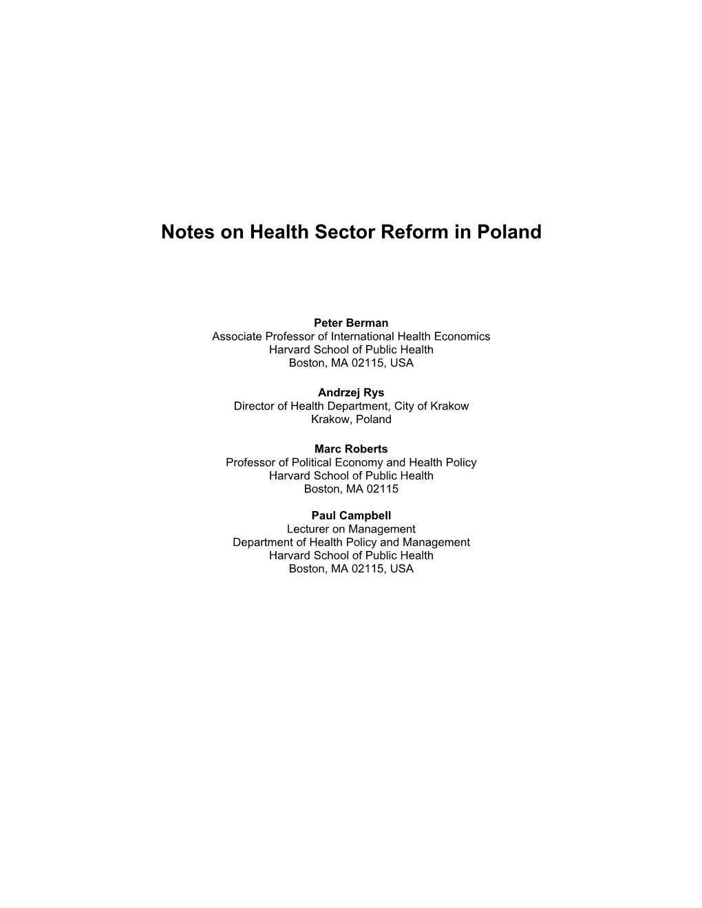 Notes on Health Sector Reform in Poland