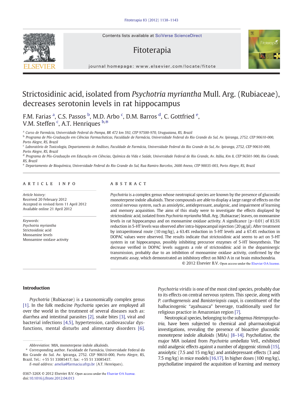 Strictosidinic Acid, Isolated from Psychotria Myriantha Mull