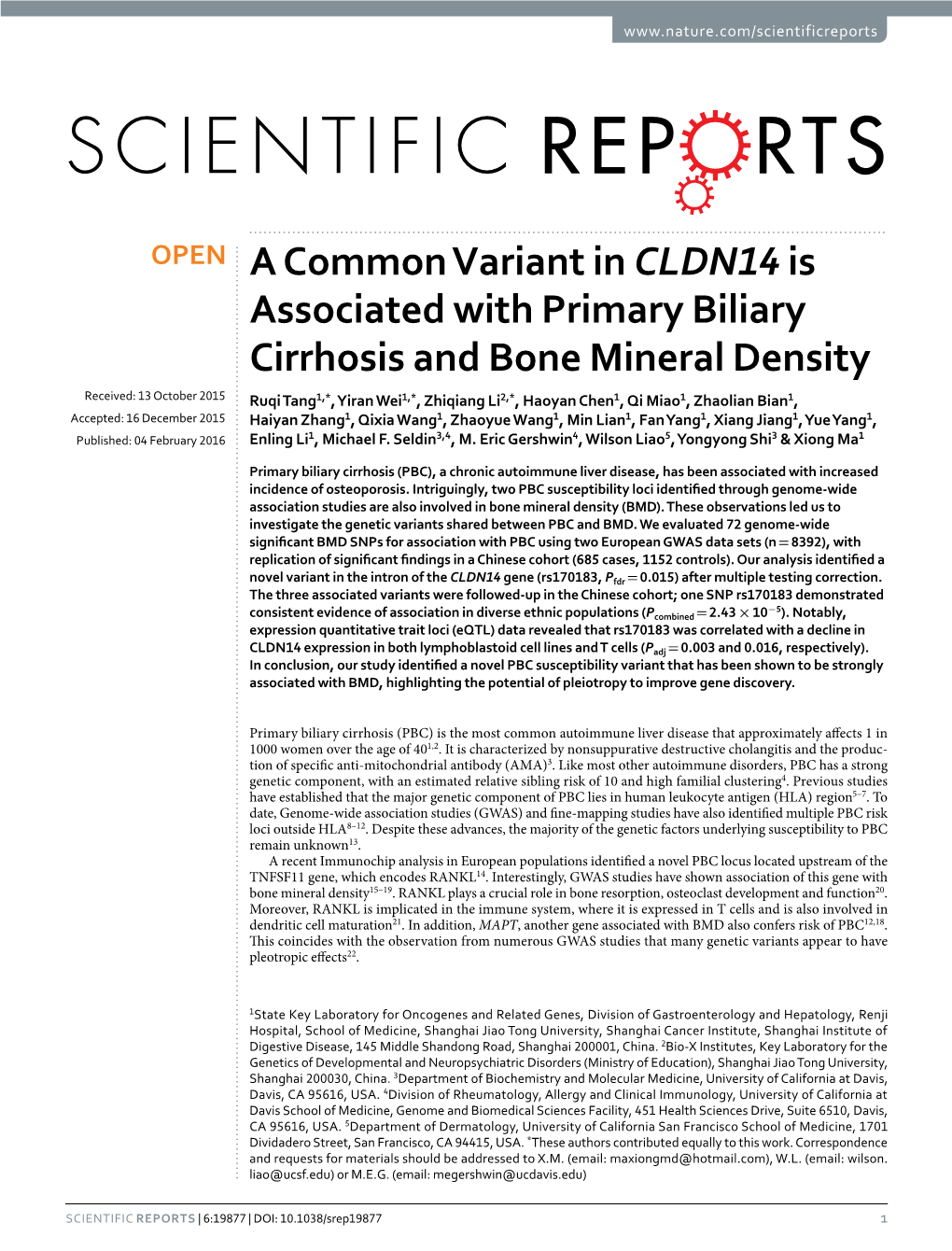 A Common Variant in CLDN14 Is Associated with Primary Biliary