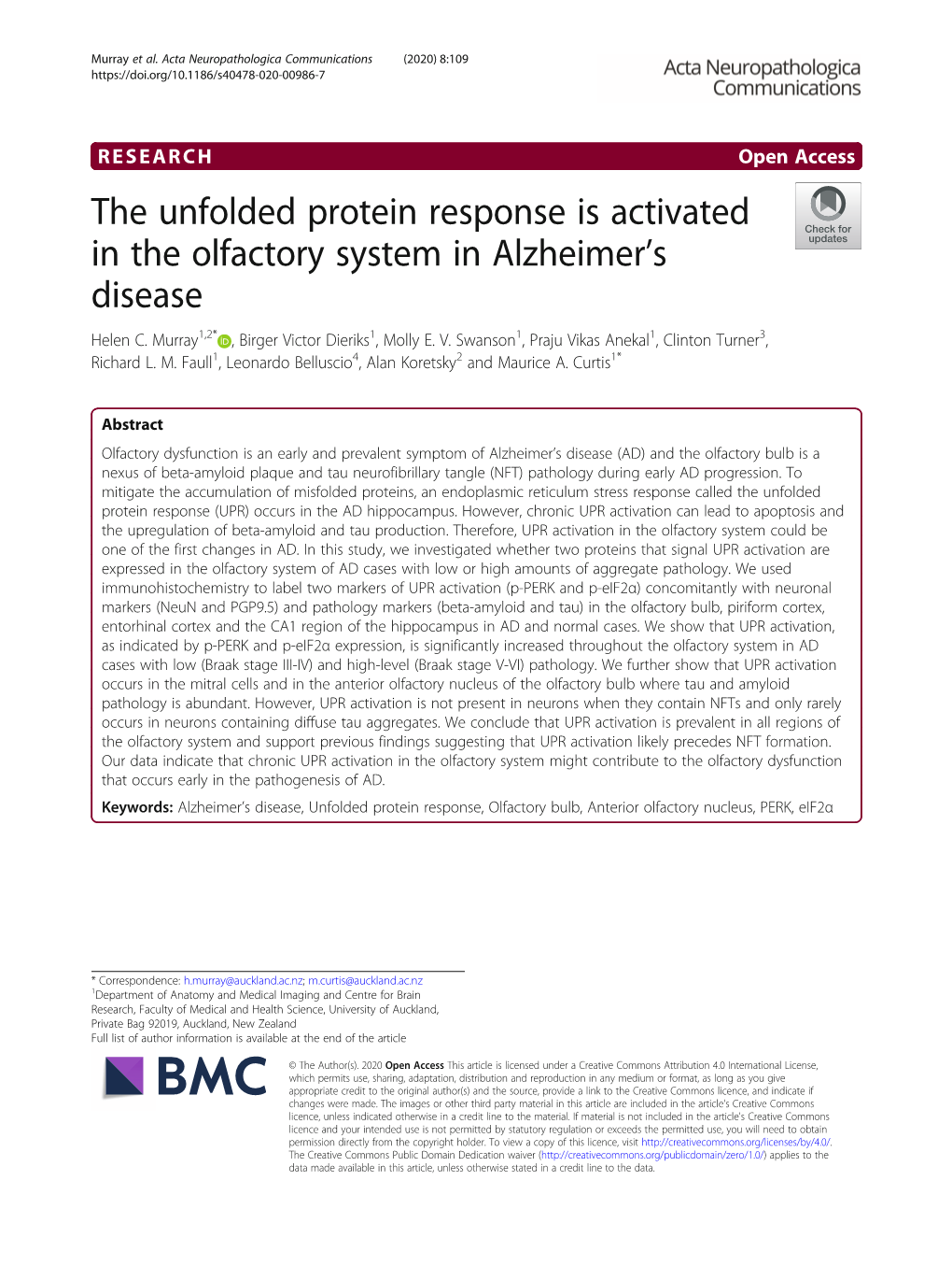 The Unfolded Protein Response Is Activated in the Olfactory System in Alzheimer’S Disease Helen C