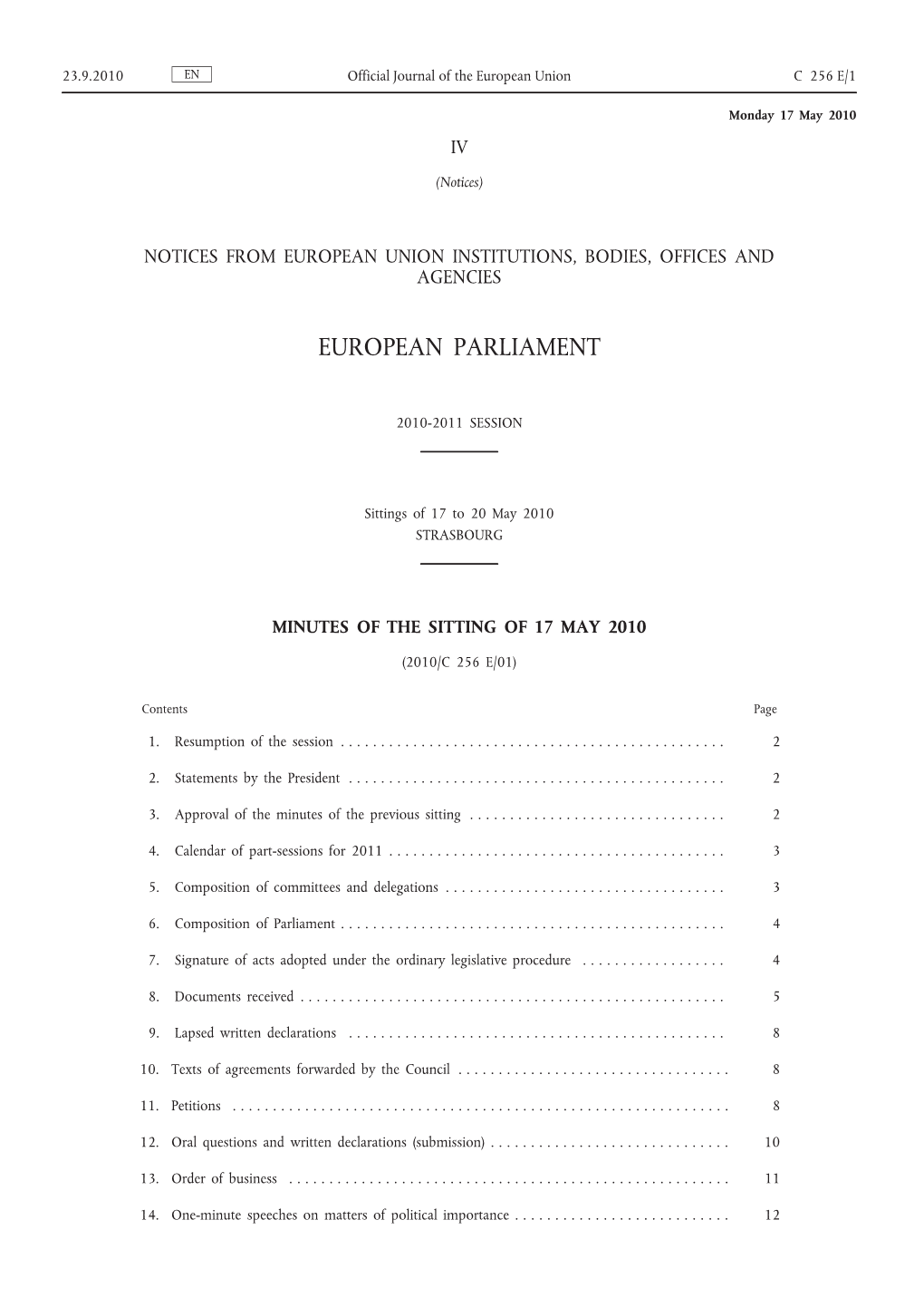 Minutes of the Sitting of 17 May 2010
