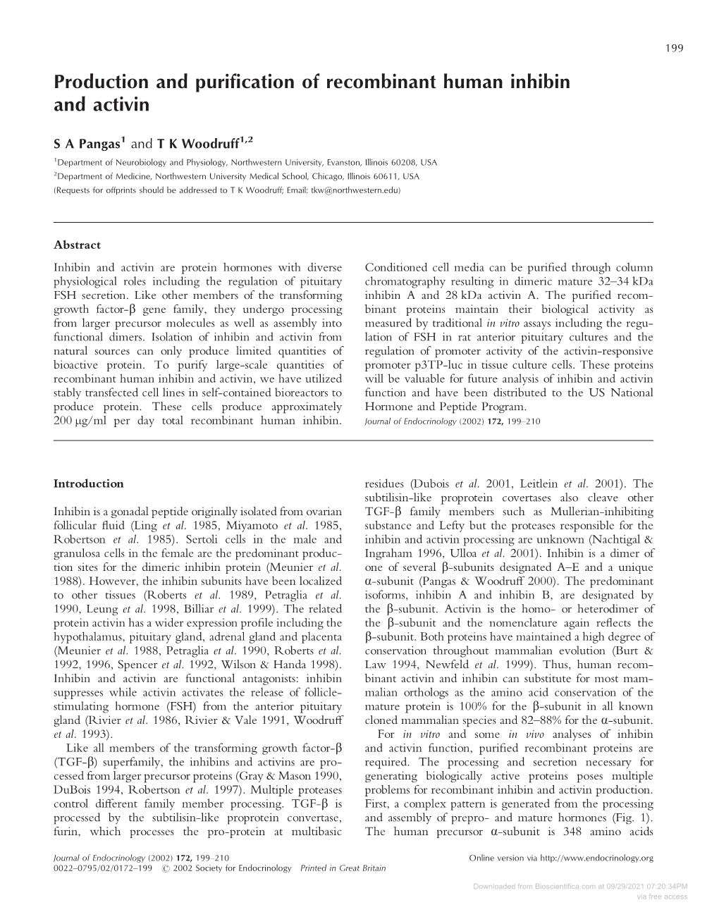 Production and Purification of Recombinant Human Inhibin and Activin