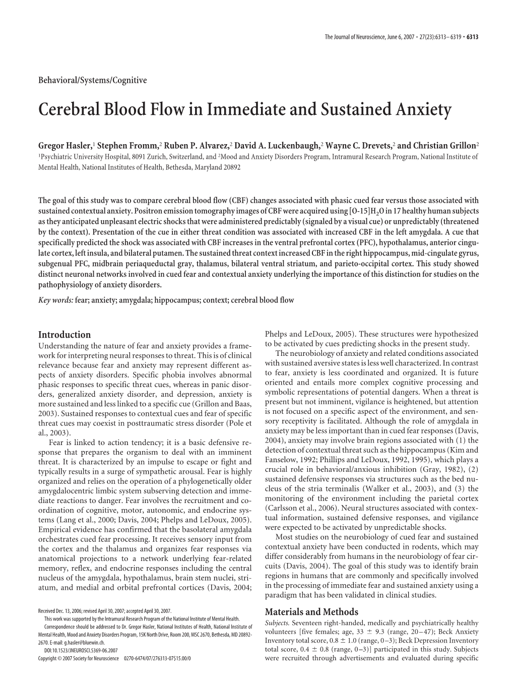 Cerebral Blood Flow in Immediate and Sustained Anxiety