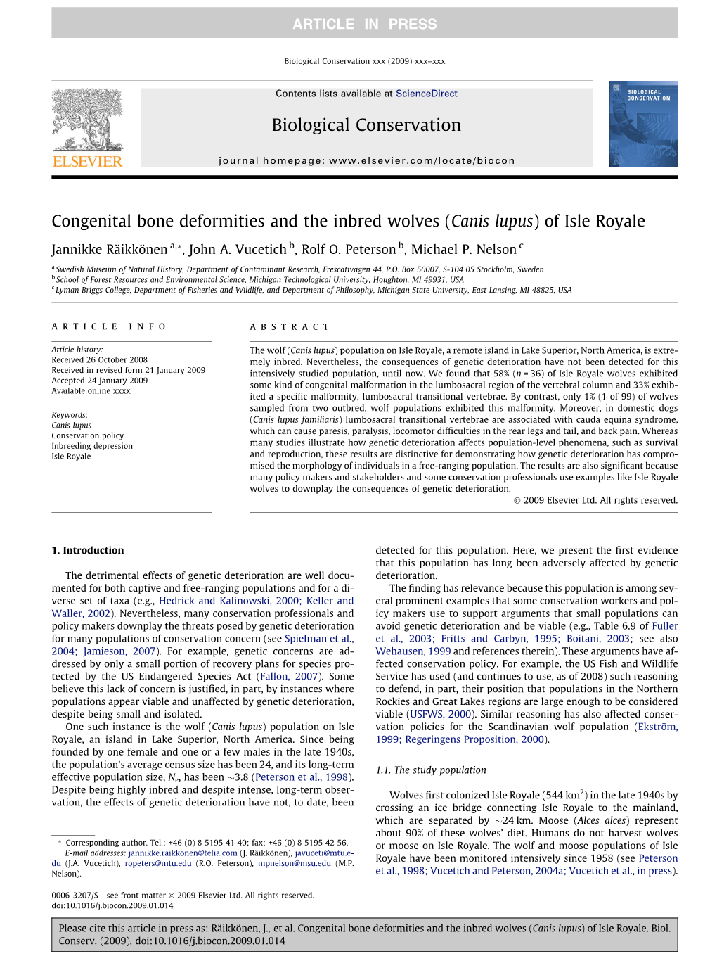 Congenital Bone Deformities and the Inbred Wolves (Canis Lupus) of Isle Royale