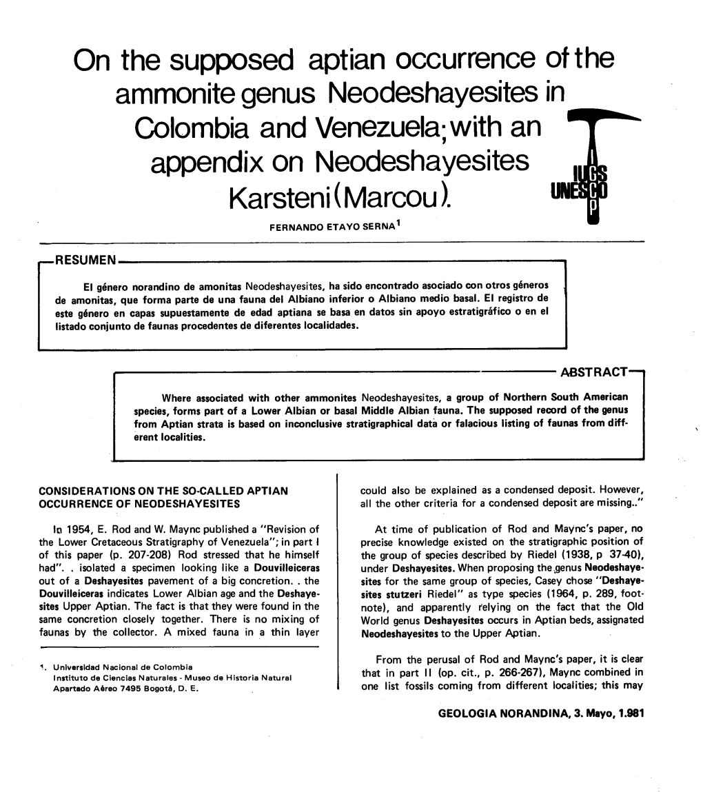 On the Supposed Aptian Occurrence of the Ammonite Genus Neodeshayesites in Colombia and Venezuela; with an Appendix on Neodeshayesites JL Karsteni (Marcou)