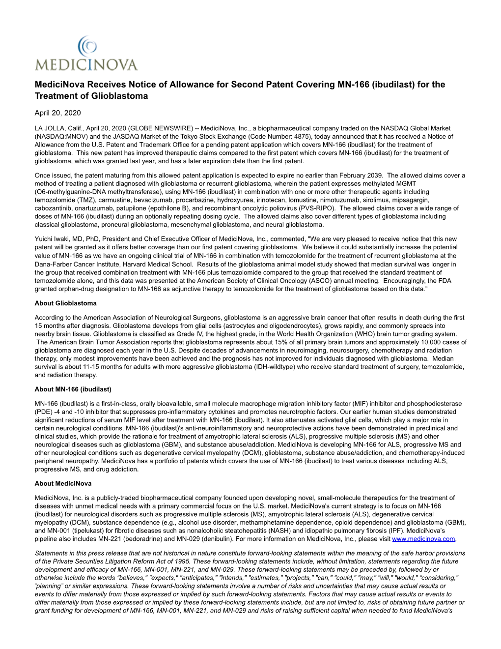 Medicinova Receives Notice of Allowance for Second Patent Covering MN-166 (Ibudilast) for the Treatment of Glioblastoma