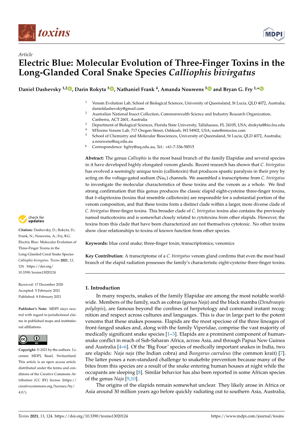 Molecular Evolution of Three-Finger Toxins in the Long-Glanded Coral Snake Species Calliophis Bivirgatus