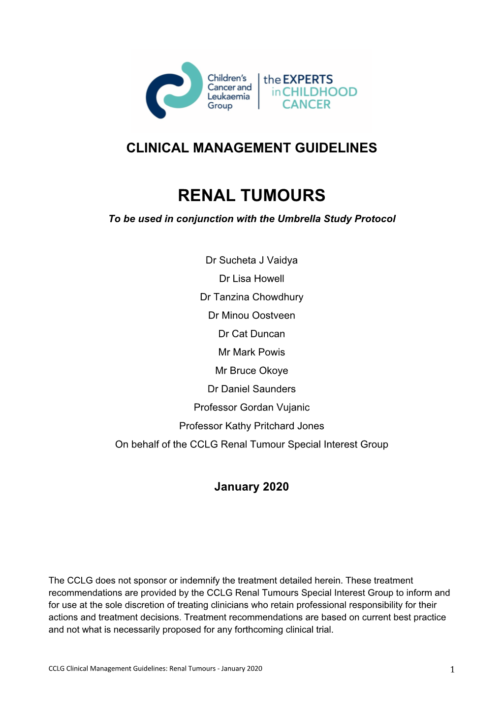 RENAL TUMOURS to Be Used in Conjunction with the Umbrella Study Protocol