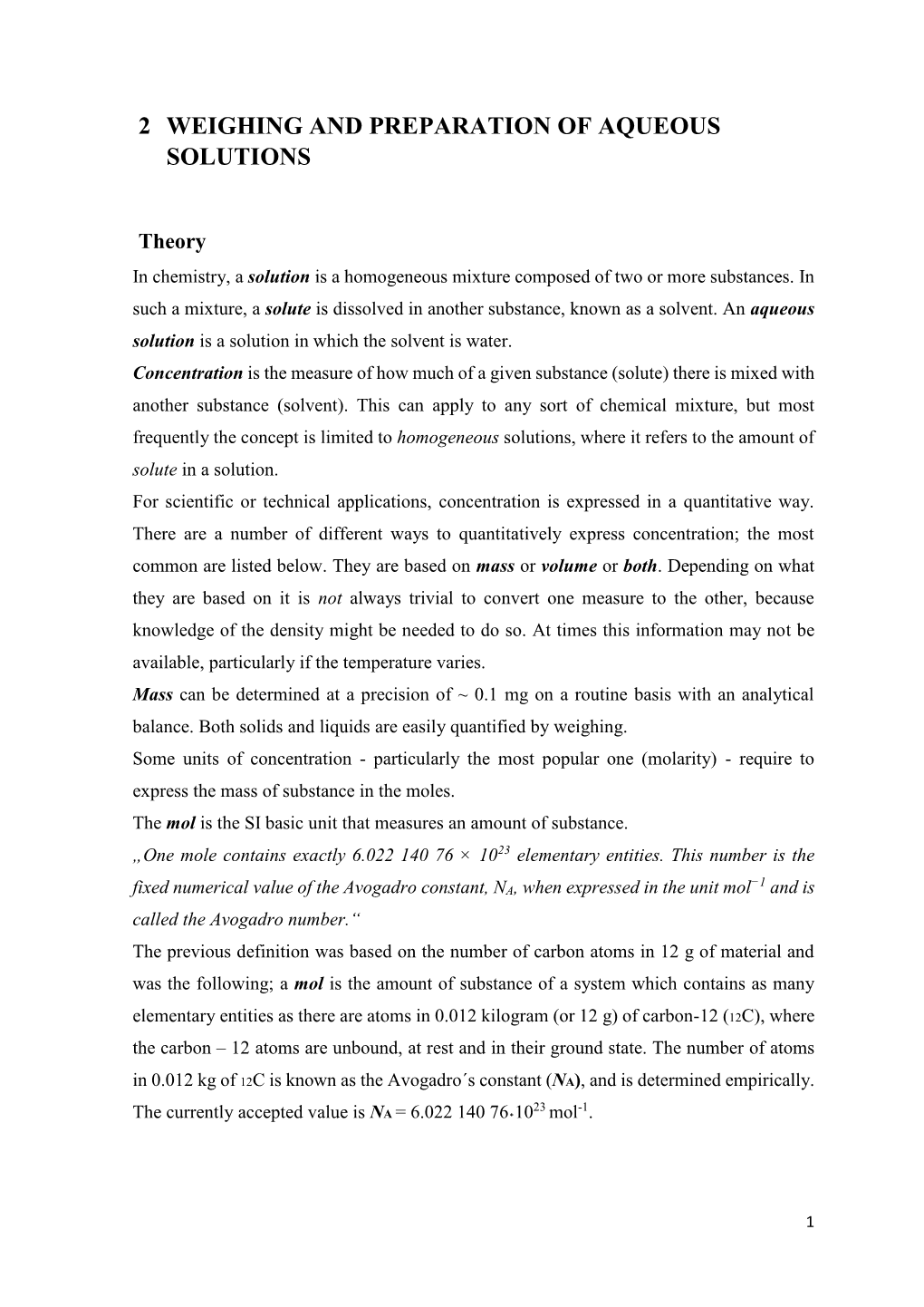 2 Weighing and Preparation of Aqueous Solutions