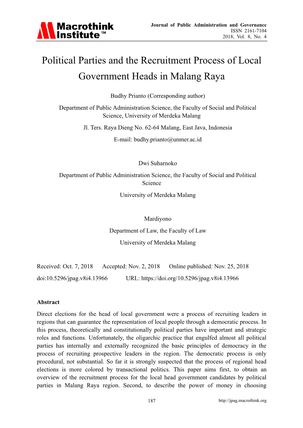 Political Parties and the Recruitment Process of Local Government Heads in Malang Raya