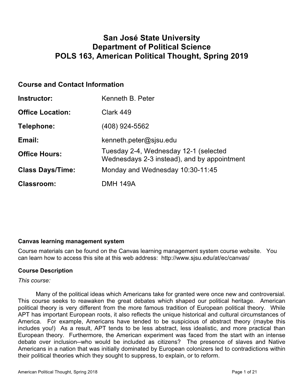 American Political Thought, Spring 2019
