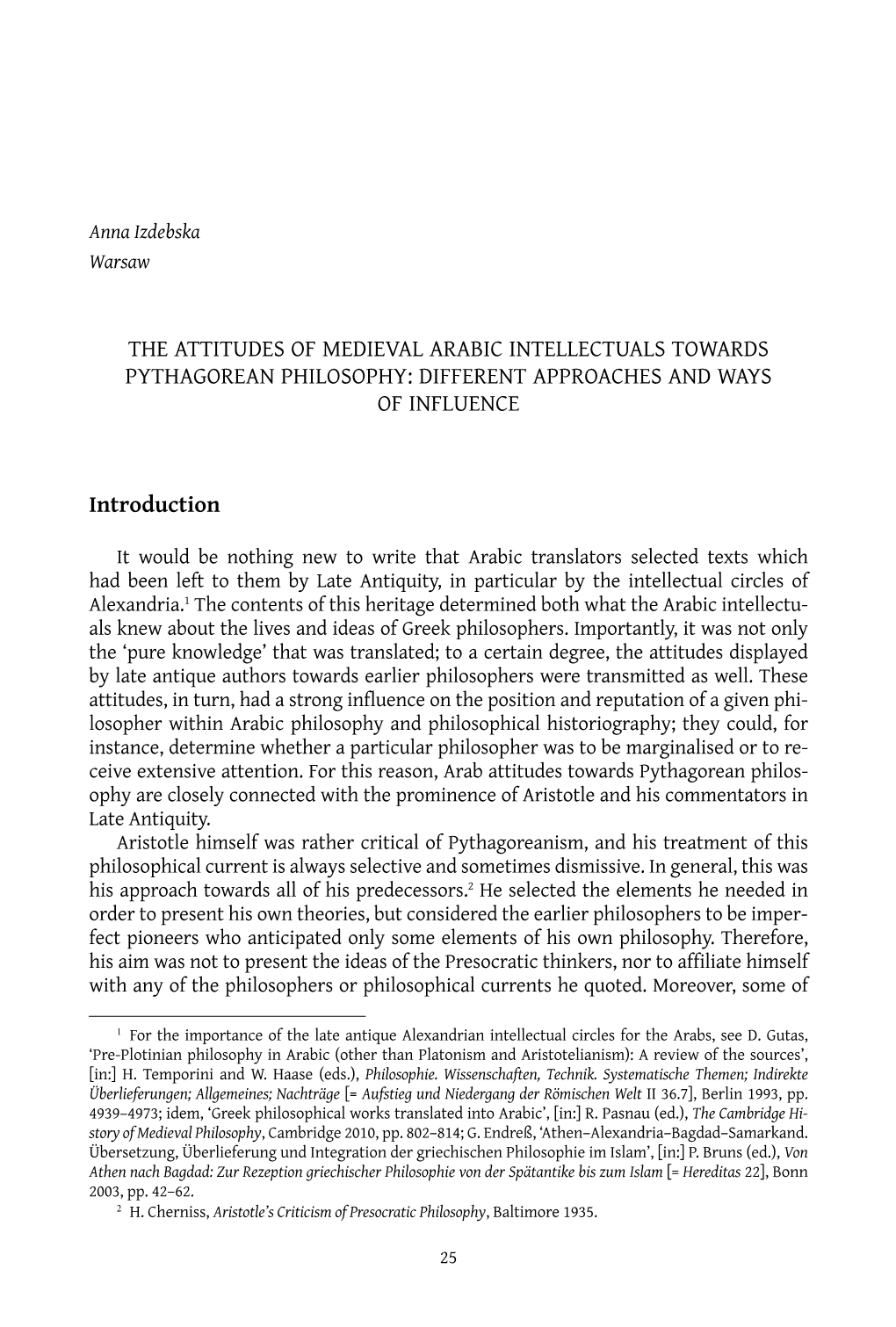 The Attitudes of Medieval Arabic Intellectuals Towards Pythagorean Philosophy: Different Approaches and Ways of Influence