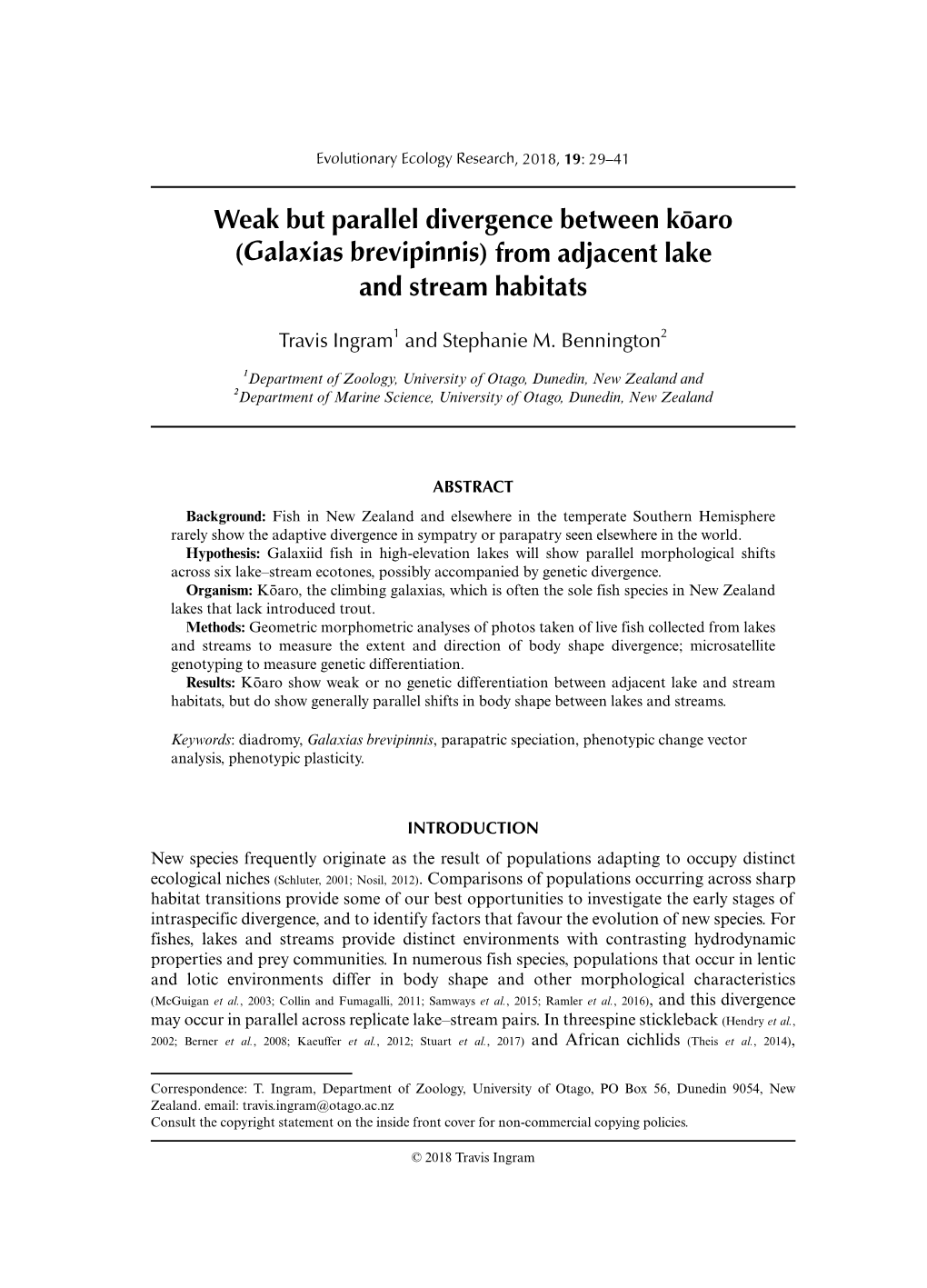 Weak but Parallel Divergence Between Ko¯Aro (Galaxias Brevipinnis) from Adjacent Lake and Stream Habitats