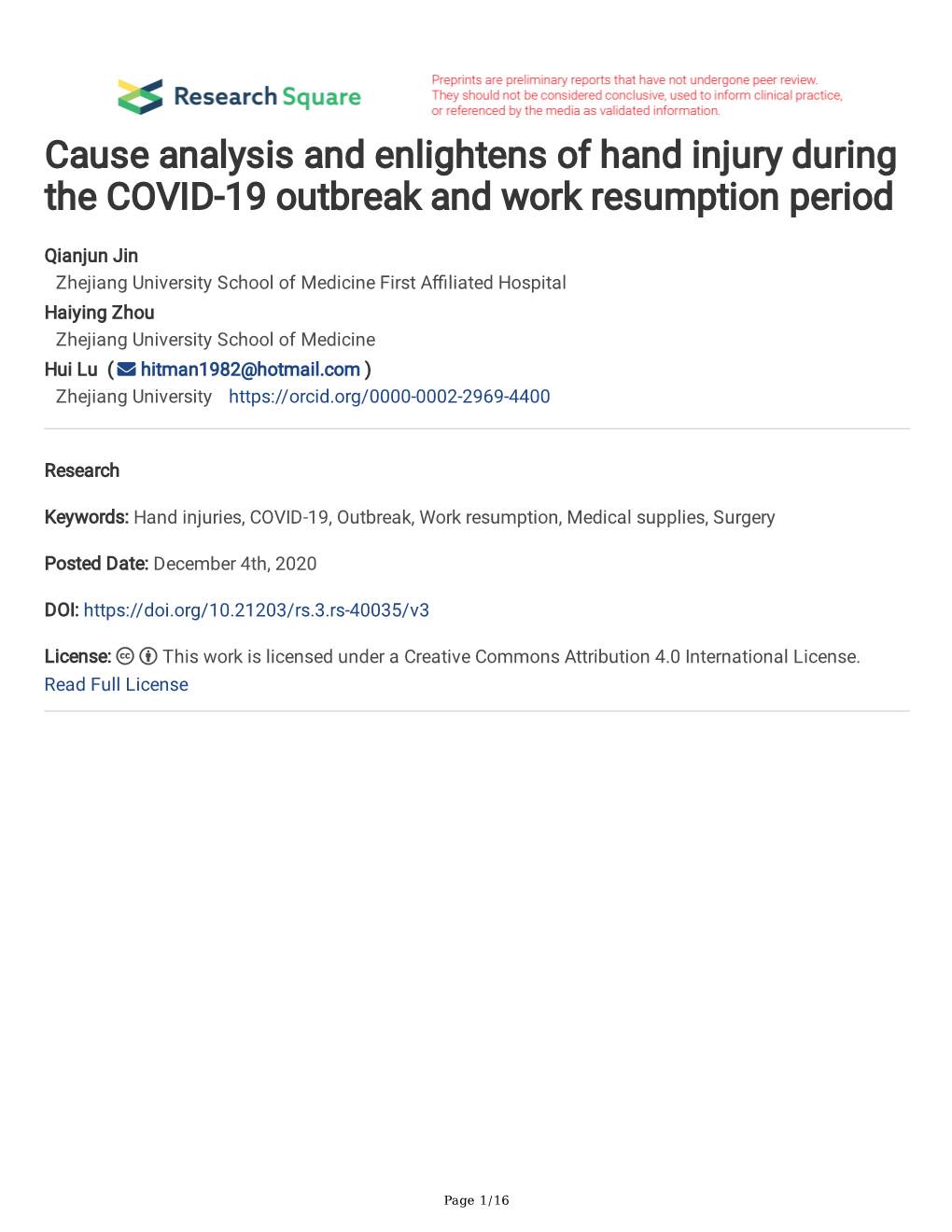 Cause Analysis and Enlightens of Hand Injury During the COVID-19 Outbreak and Work Resumption Period