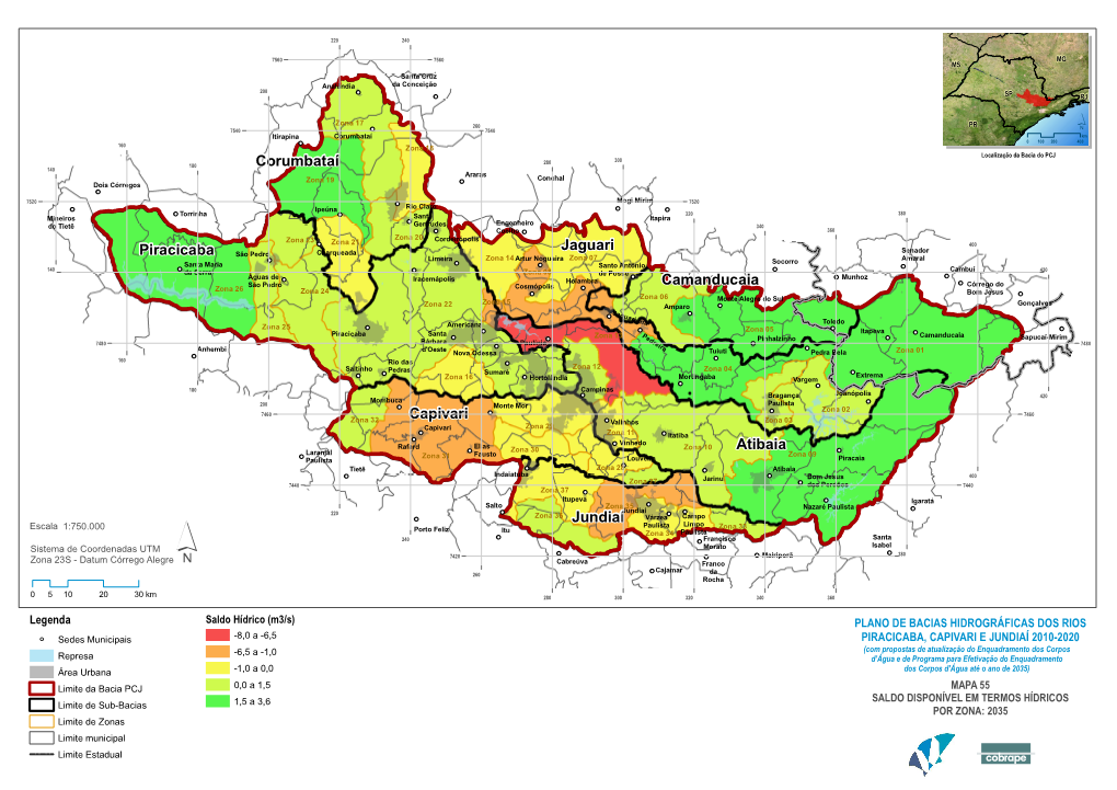 MAPA 55 SALDO DISPONÍVEL EM TERMOS HÍDRICOS Limite De Sub-Bacias 1,5 a 3,6 POR ZONA: 2035 Limite De Zonas Limite Municipal Limite Estadual