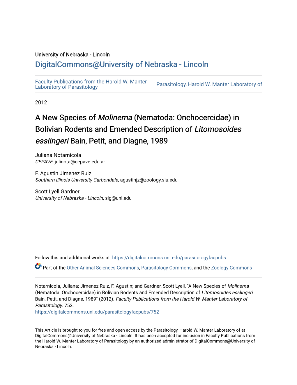 A New Species of Molinema (Nematoda: Onchocercidae) in Bolivian Rodents and Emended Description of Litomosoides Esslingeri Bain, Petit, and Diagne, 1989