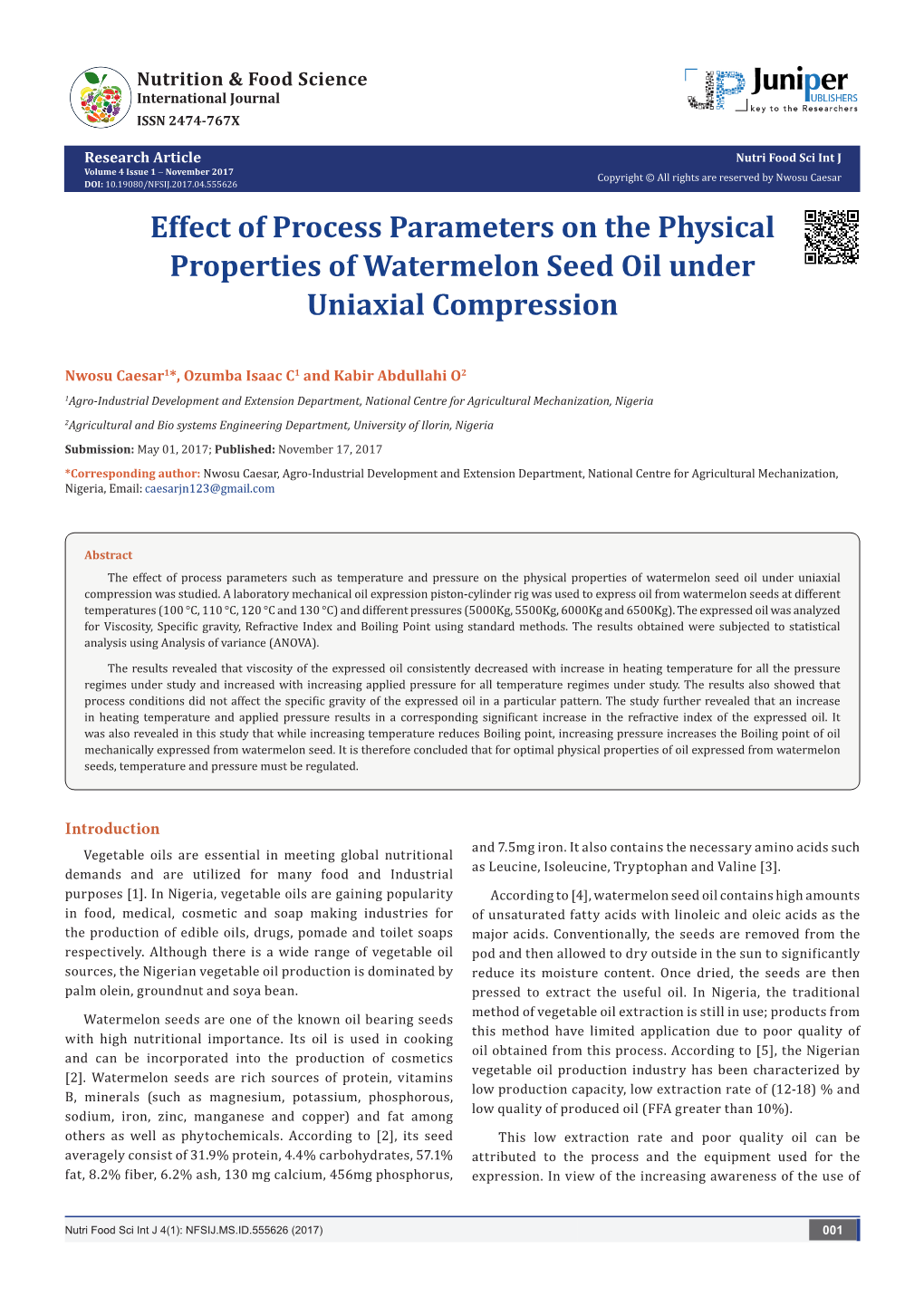 Effect of Process Parameters on the Physical Properties of Watermelon Seed Oil Under Uniaxial Compression