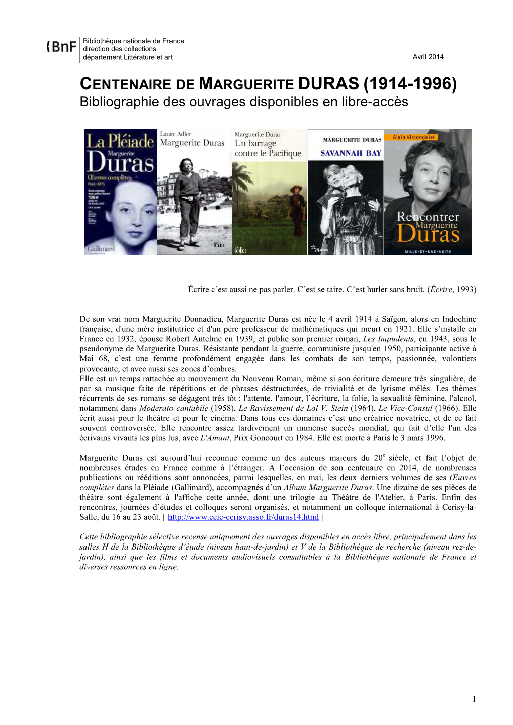 MARGUERITE DURAS (1914-1996) Bibliographie Des Ouvrages Disponibles En Libre-Accès