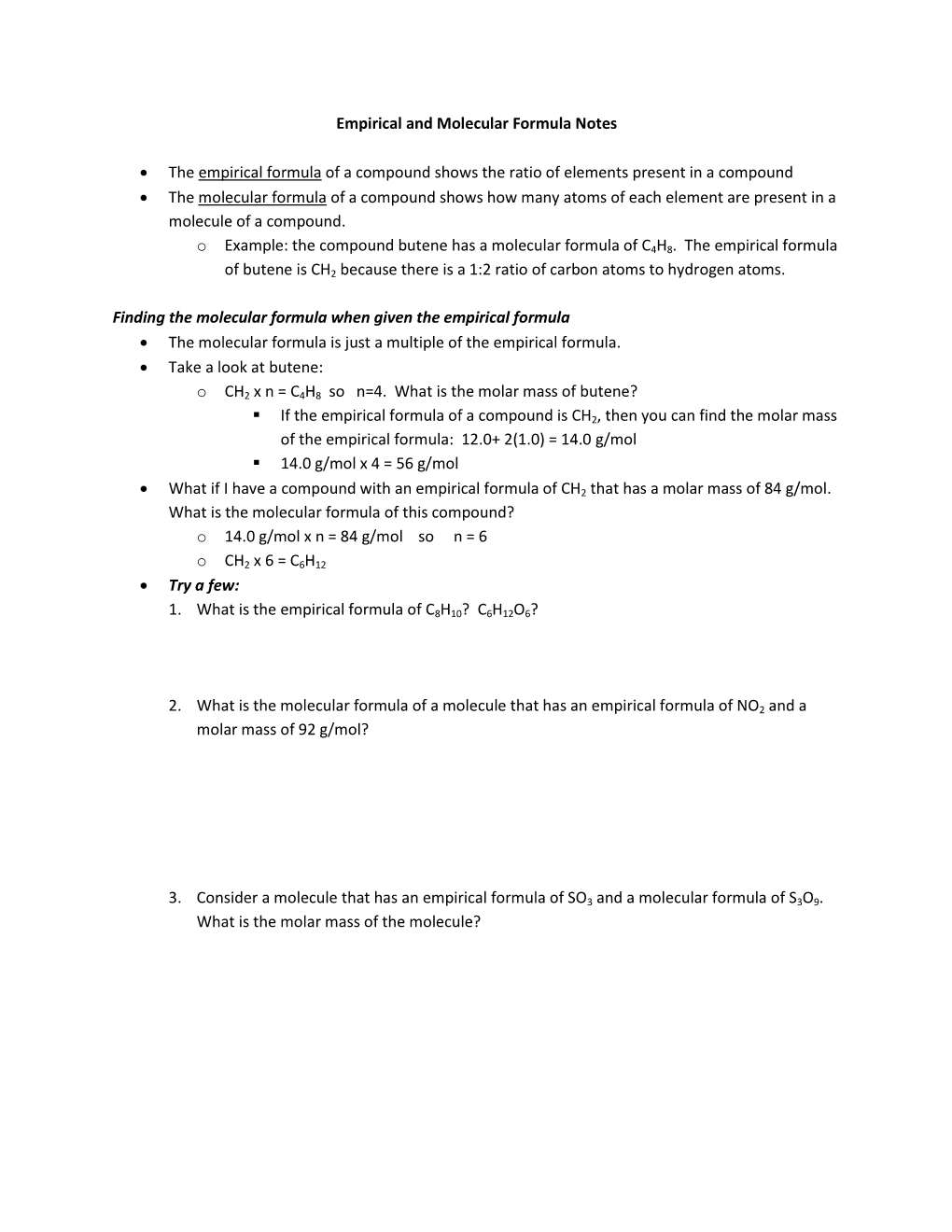 Empirical and Molecular Formula Notes • the Empirical Formula of A