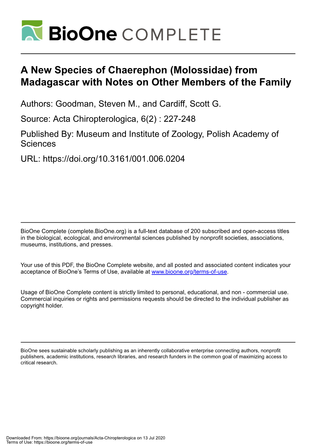 A New Species of Chaerephon (Molossidae) from Madagascar with Notes on Other Members of the Family