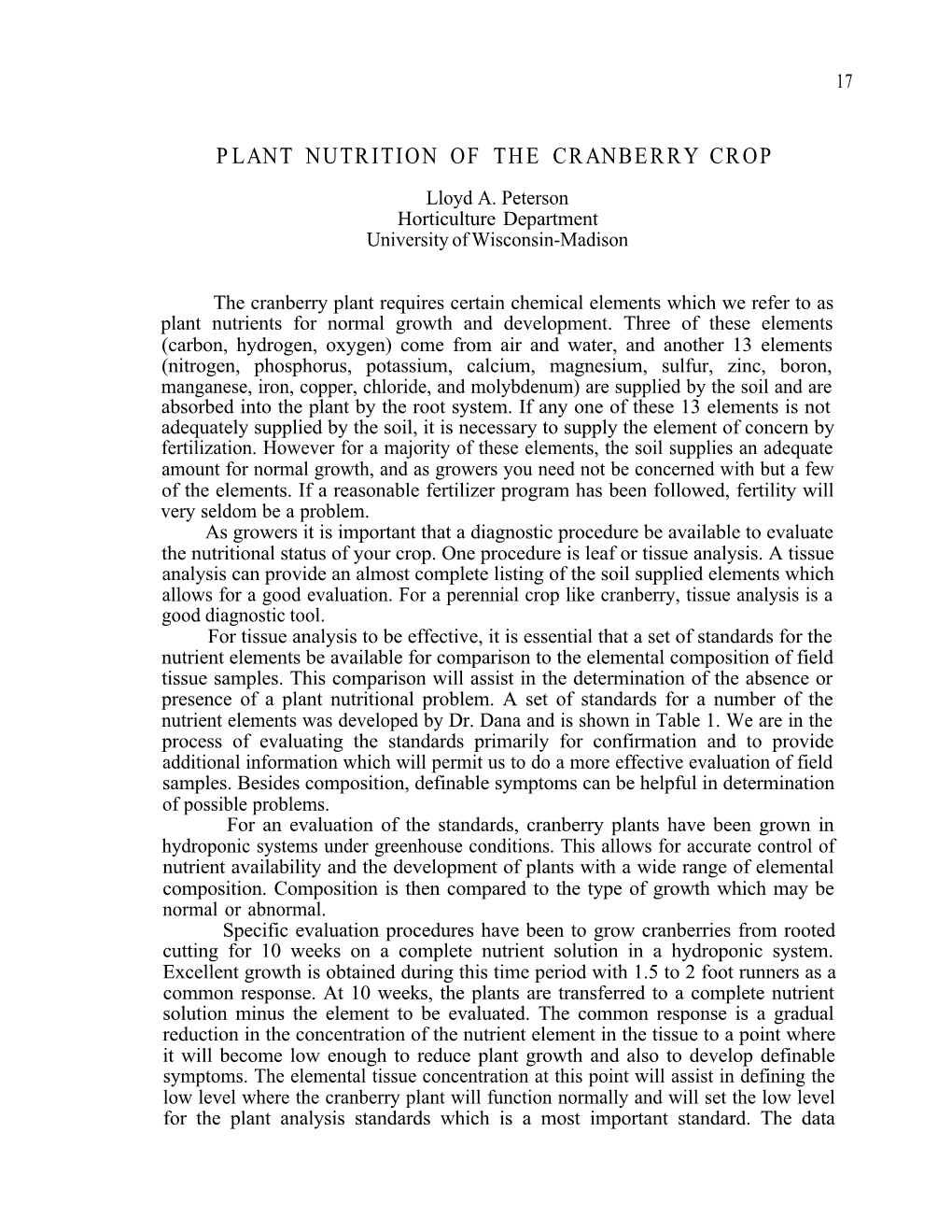 Plant Nutrition of the Cranberry Crop