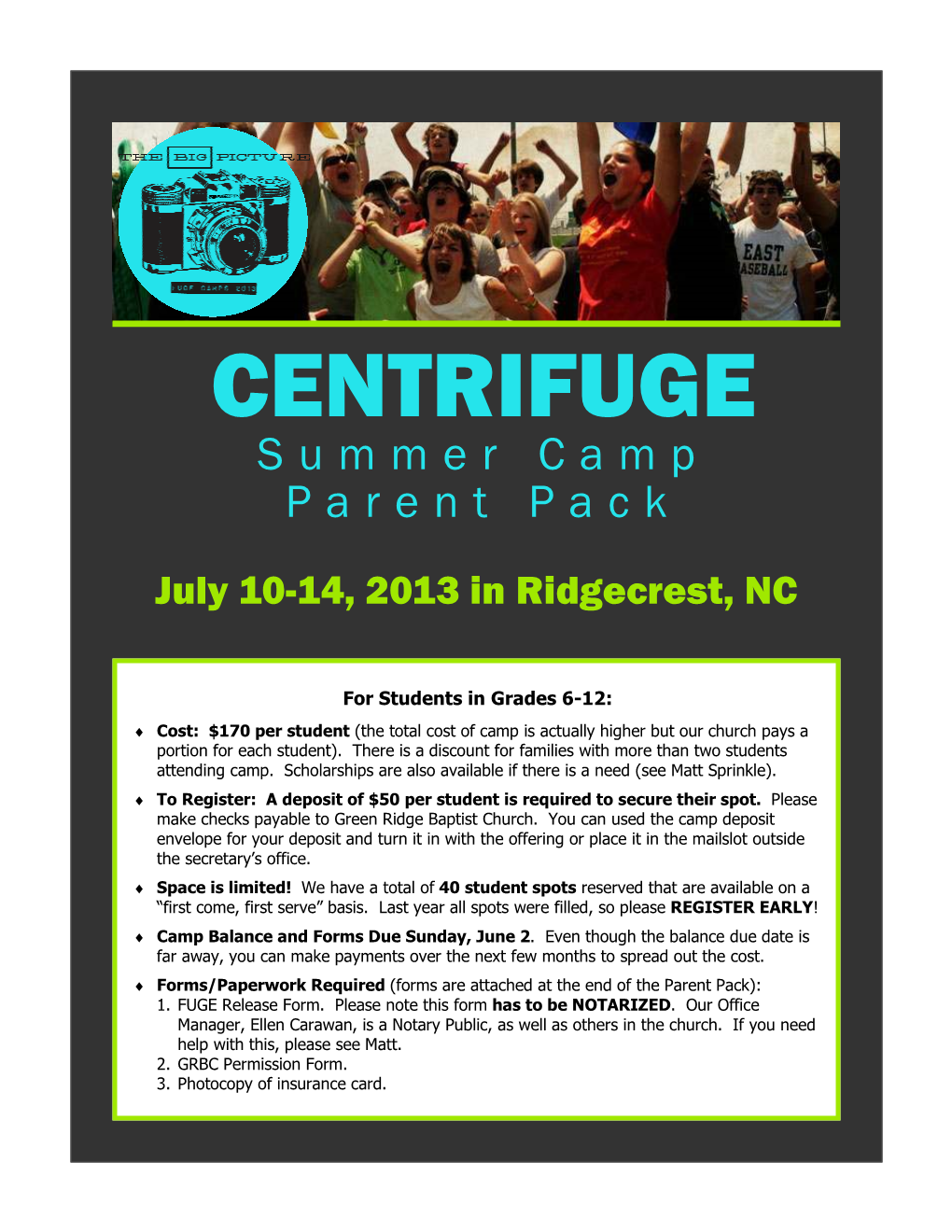 CENTRIFUGE Summer Camp Parent Pack