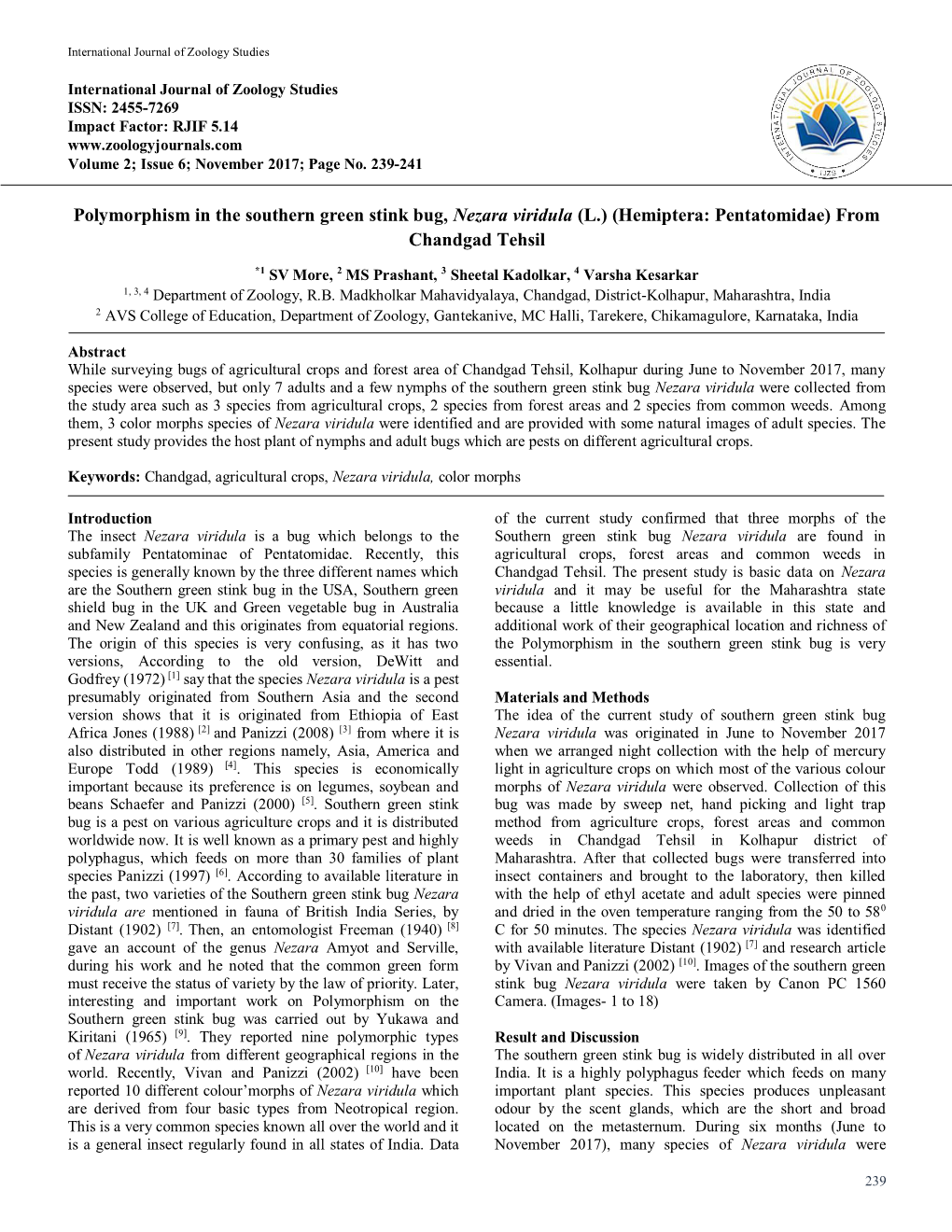 Polymorphism in the Southern Green Stink Bug, Nezara Viridula (L.) (Hemiptera: Pentatomidae) from Chandgad Tehsil