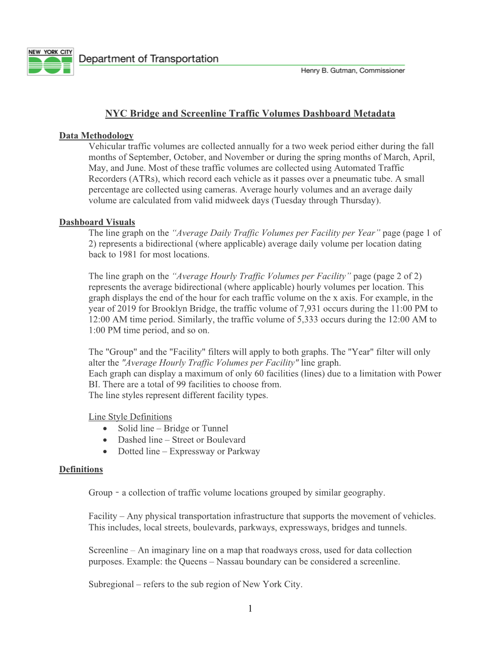 1 NYC Bridge and Screenline Traffic Volumes Dashboard Metadata