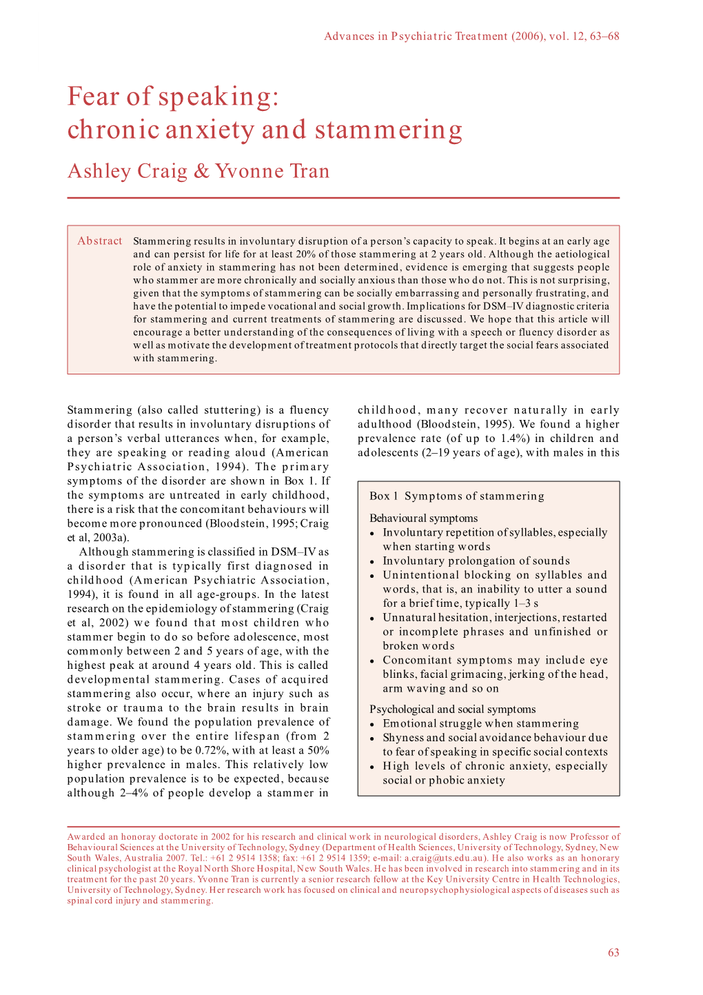 Chronic Anxiety and Stammering Ashley Craig & Yvonne Tran