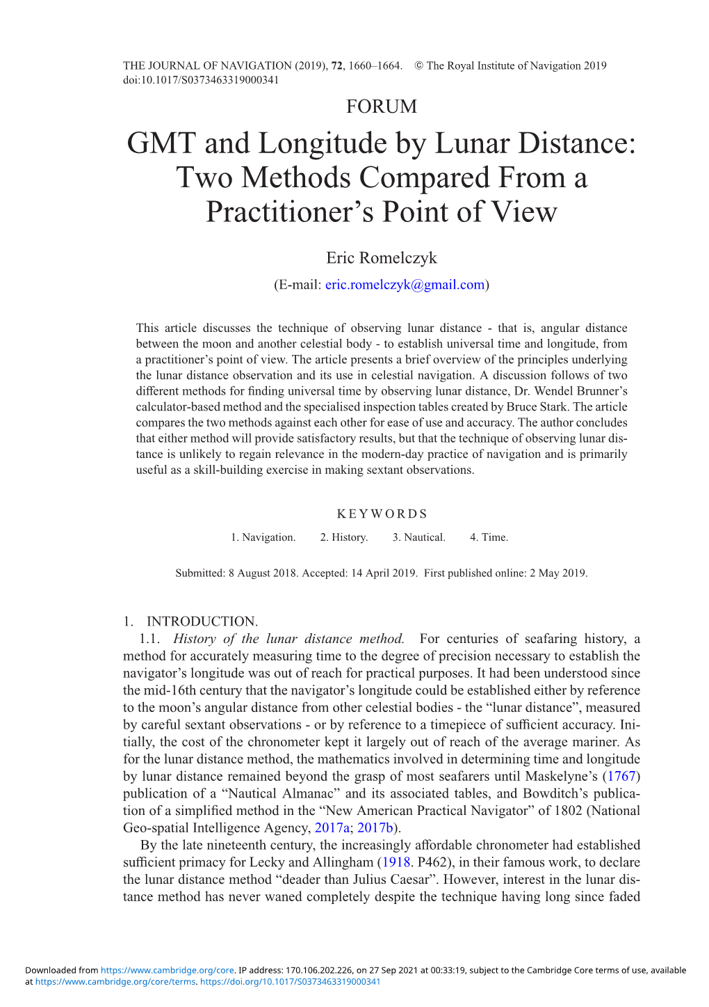 GMT and Longitude by Lunar Distance: Two Methods Compared from a Practitioner’S Point of View