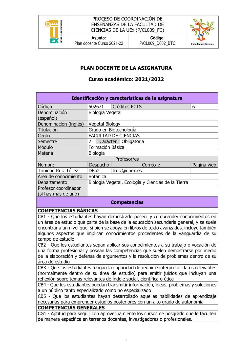 Plan Docente Curso 2021-22 P/CL009 D002 BTC Facultad De Ciencias