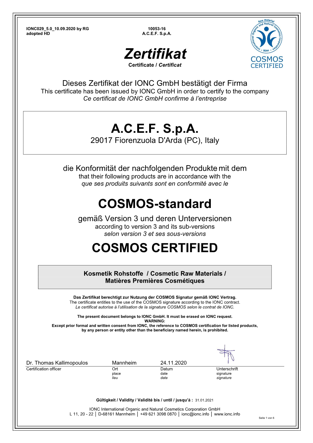 Konformitätsbescheinigung IONC Label