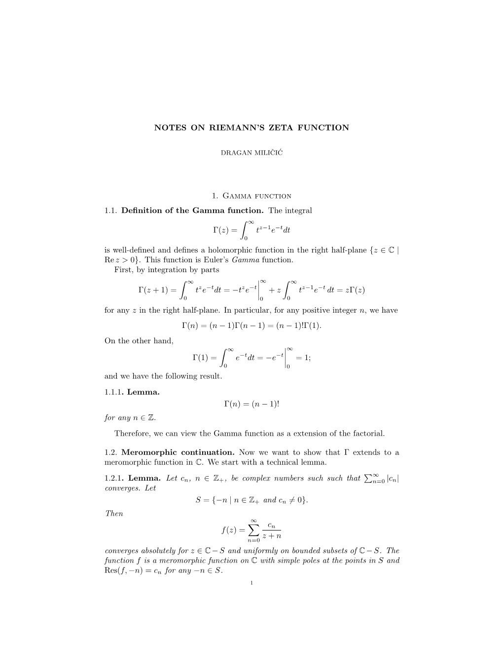 Notes on Riemann's Zeta Function