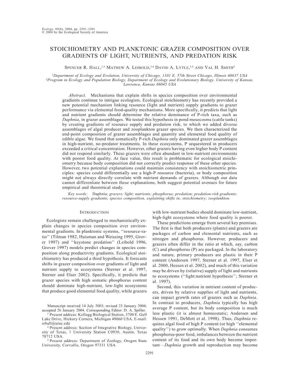 Stoichiometry and Planktonic Grazer Composition Over Gradients of Light, Nutrients, and Predation Risk