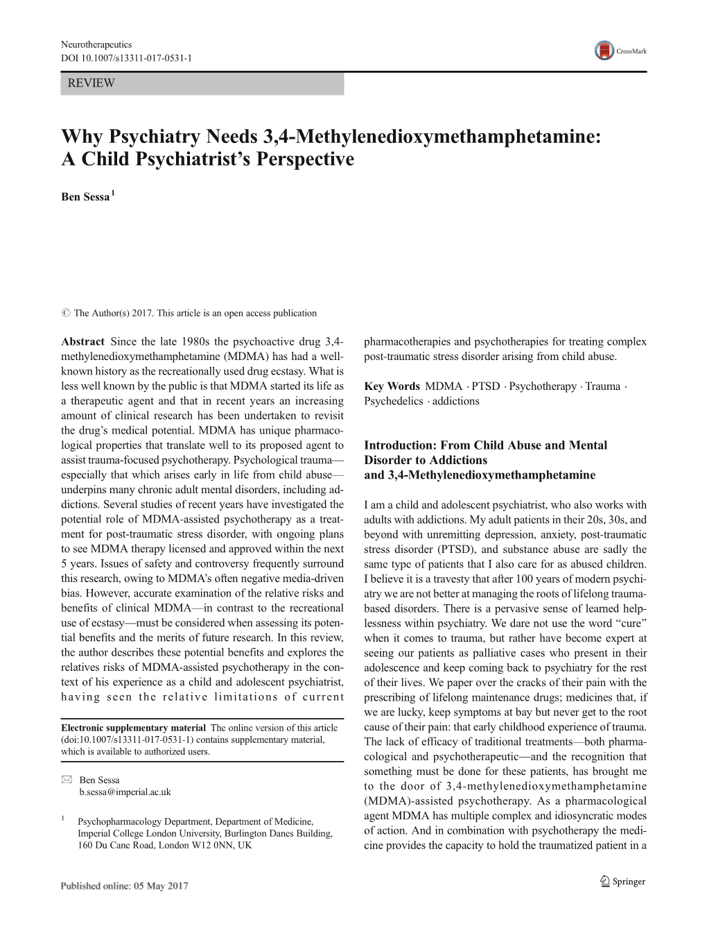 Why Psychiatry Needs 3,4-Methylenedioxymethamphetamine: Achildpsychiatrist’S Perspective