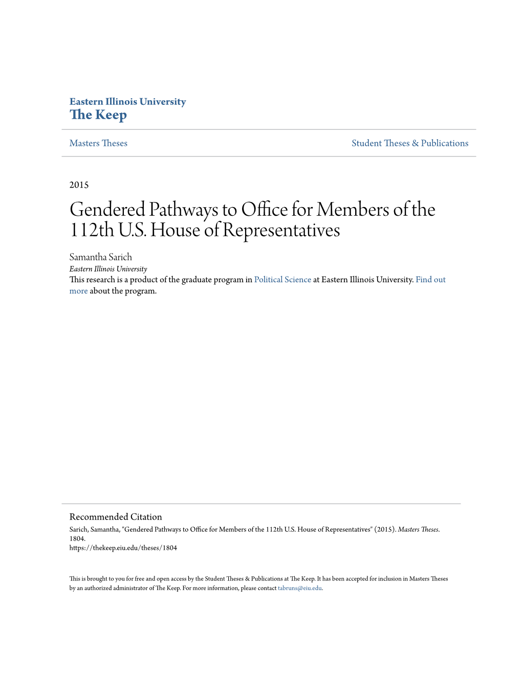Gendered Pathways to Office for Members of the 112Th U.S. House of Representatives" (2015)