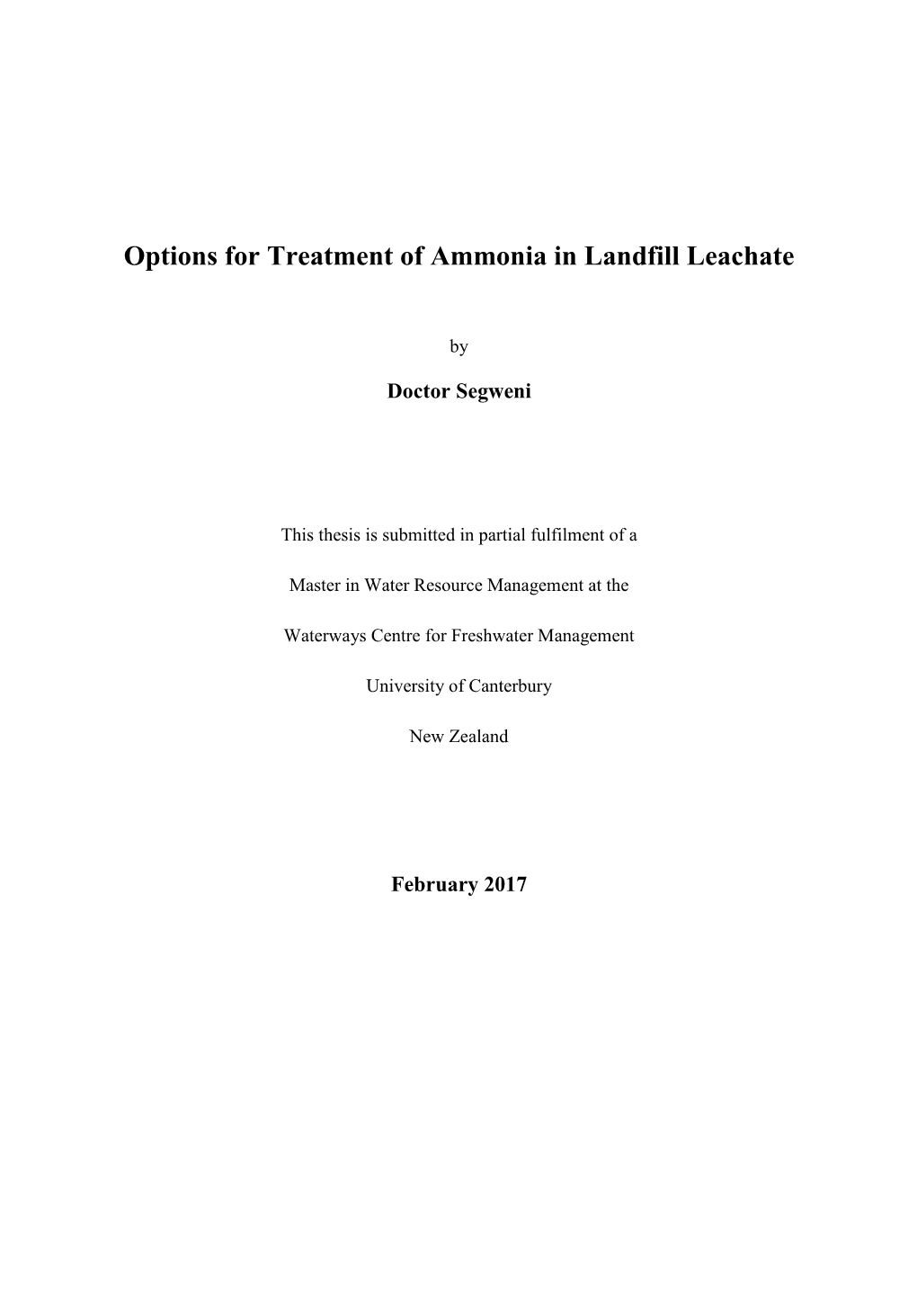 Options for Treatment of Ammonia in Landfill Leachate