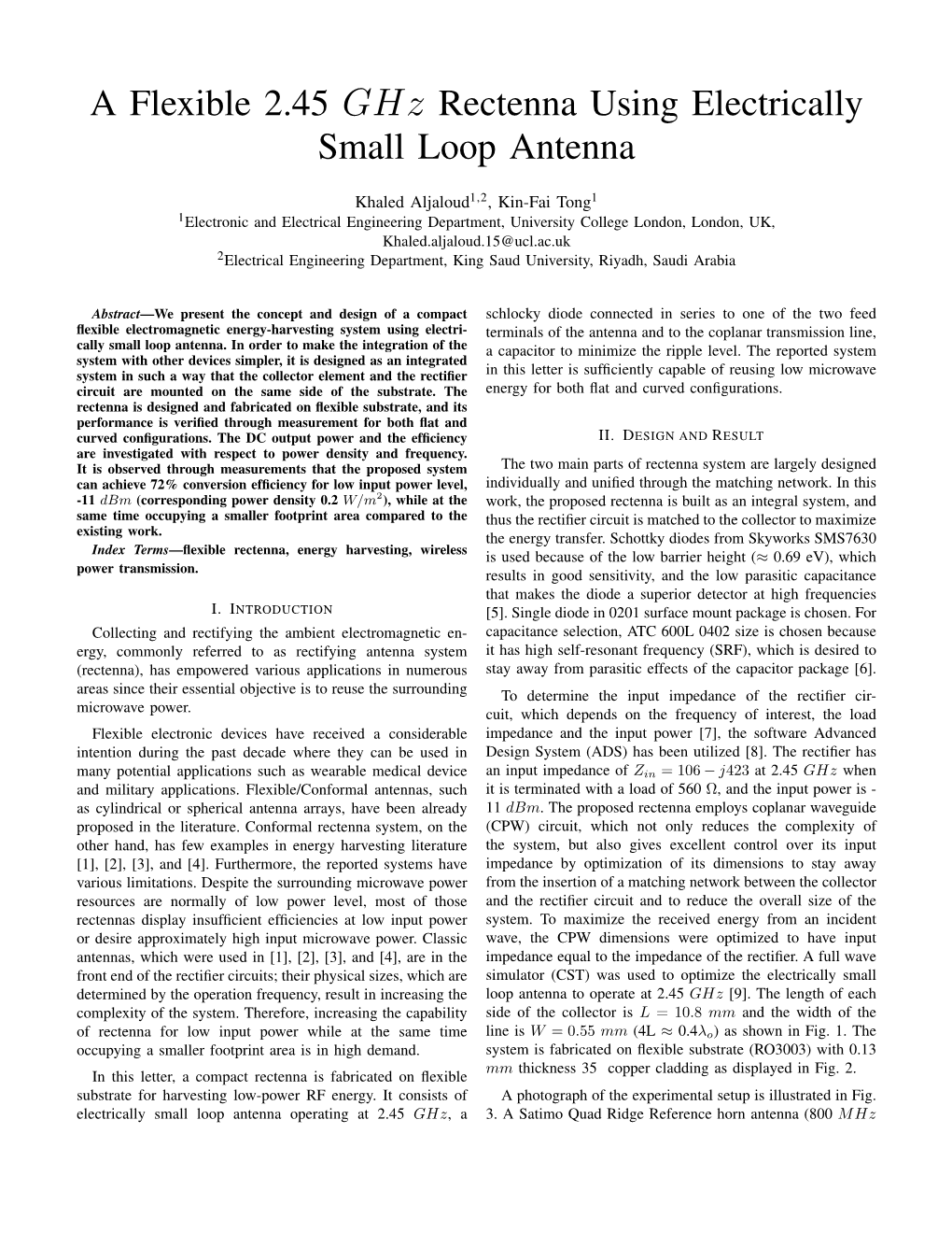 A Flexible 2.45 Ghz Rectenna Using Electrically Small Loop Antenna