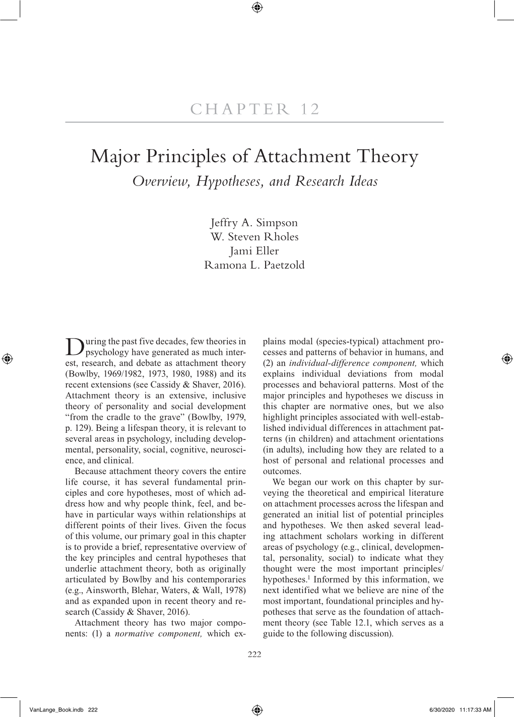 Major Principles of Attachment Theory Overview, Hypotheses, and Research Ideas