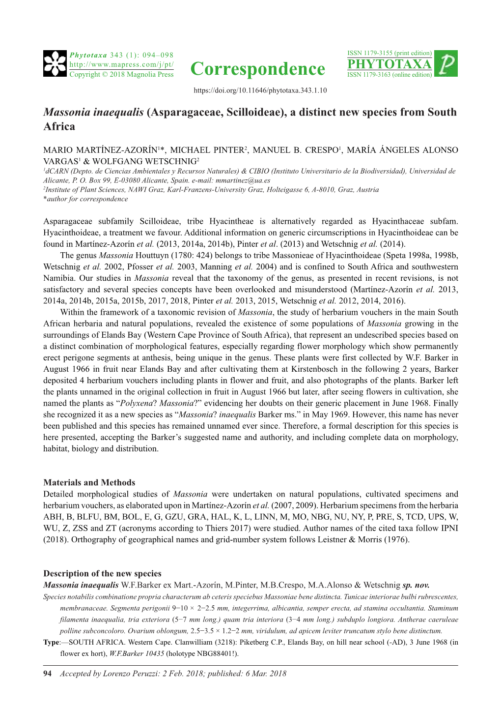 Massonia Inaequalis (Asparagaceae, Scilloideae), a Distinct New Species from South Africa