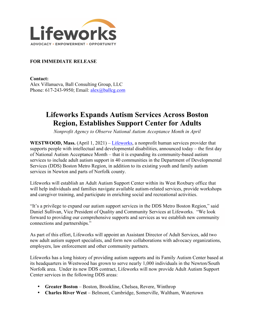 Lifeworks Expands Autism Services Across Boston Region, Establishes Support Center for Adults Nonprofit Agency to Observe National Autism Acceptance Month in April