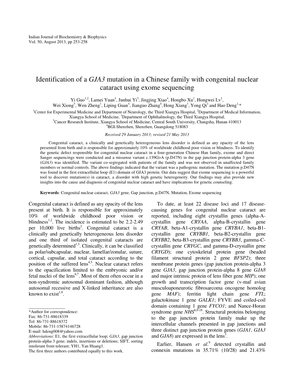 Identification of a GJA3 Mutation in a Chinese Family with Congenital Nuclear Cataract Using Exome Sequencing