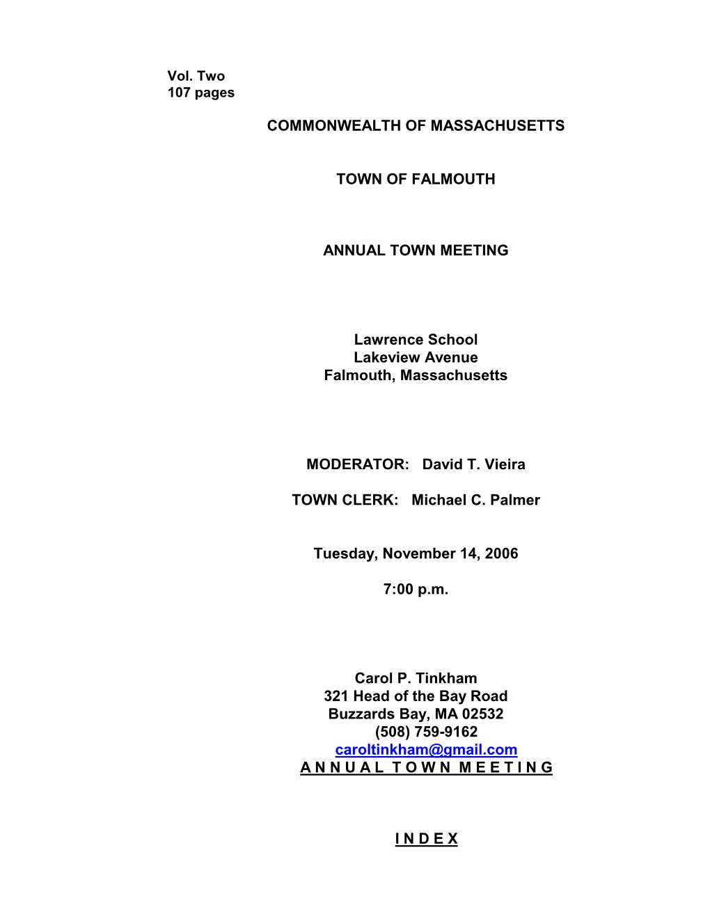 Commonwealth of Massachusetts Town Of