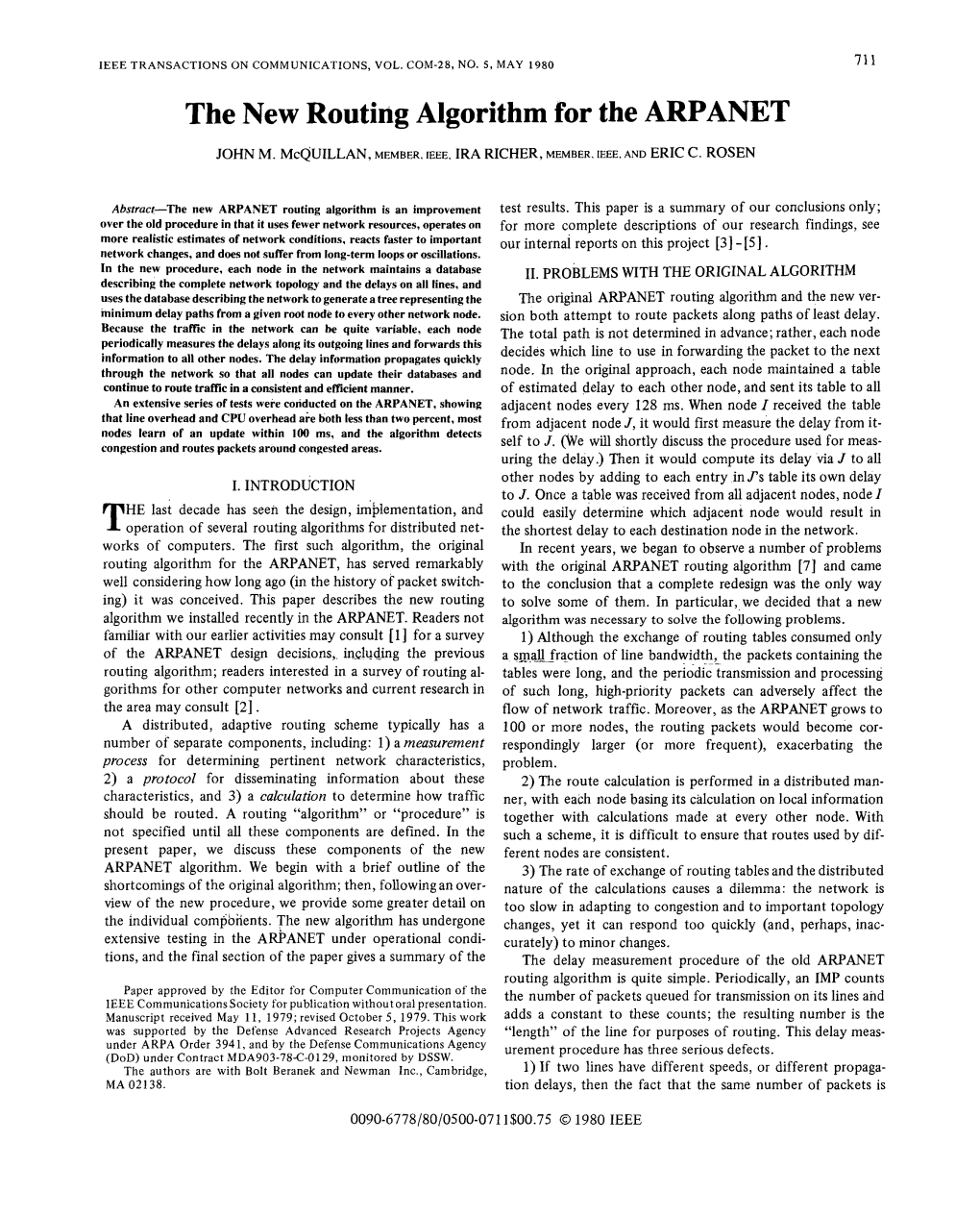 The New Routing Algorithm for the ARPANET